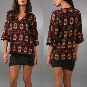 Tucker 100% Silk Southwestern Blouse Top Western Puff Sleeve Office Work Boho